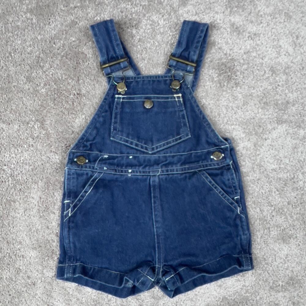 Vintage Happy Kids Dark Wash Denim Shortalls Bib Overalls Shorts Size 18 Months